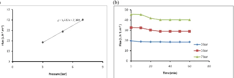 Figure 12. Permeate ﬂuxes as a function of pressure (a) and time (b) for the raw effluent