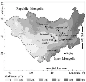 Fig. 1. Mean Annual Precipitation (MAP, mm yr −1 ; normal period 1961–1990), major towns and sampling sites (triangles denote the 2005 and squares the 2006 sampling campaign; data from Climate Source Inc.).