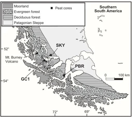 Fig. 1. Locations of the sample sites GC1, SKY, and PBR in the Magellanic Moorlands, Chile.