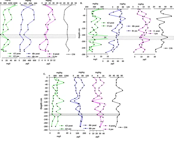 Fig. 3. Total halogen concentrations (tCl, tBr, tI) in peat and porewater (pw) in three om- om-brotrophic peat bogs GC1 (A), SKY (B), PBR (C) located in the Magellanic Moorlands  com-pared to C/N ratios indicating differences in the degree of peat decompos