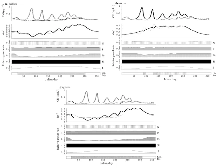 Fig. 5. Same as Fig. 3, only for (a) diatoms, (b) coccolithophores and (c) prasinophytes at OSP.