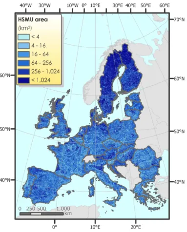 Fig. 3. Size distribution of homogeneous spatial mapping units with CCM 250 DEM hillshade