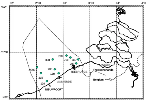 Figure 1. Map of the Belgian coastal zone indicating the location of the ten stations