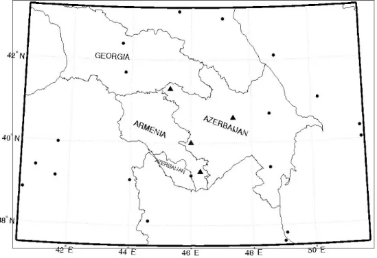 Fig. 3. Location of strong earthquakes and immigrators (cone tops) throughout the Caucasus seismoactive region (black circle – earthquakes;