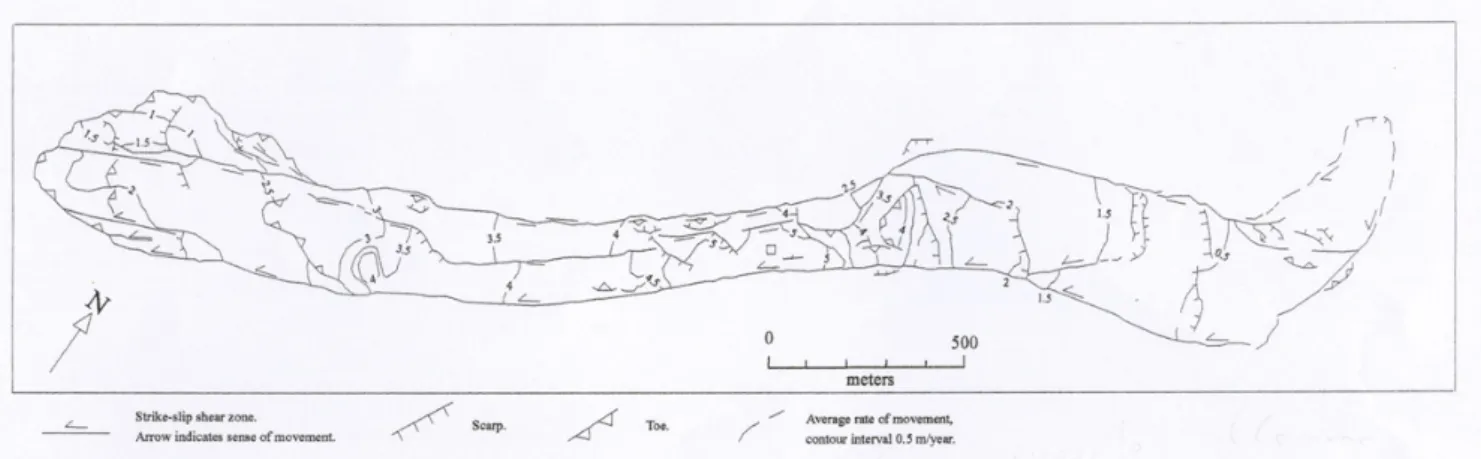 Fig. 6. Sketch of the Slumgullion landslide, showing average velocities as obtained from field measurements and photogrammetric analyses (data from Smith, 1993, and from Fleming et al., 1999)