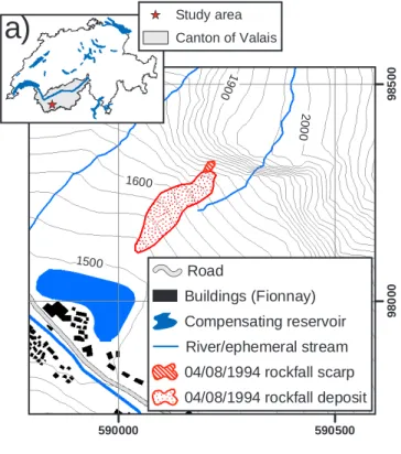 Fig. 6. (a) Location of the rockslide (1994) near Fionnay; (b) snap- snap-shot highlighting the mechanism of the rockslides.