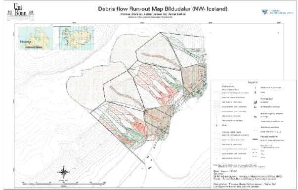 Fig. 5. Debris flow map (including calculated run-out zones) (Glade and Jensen, 2004).