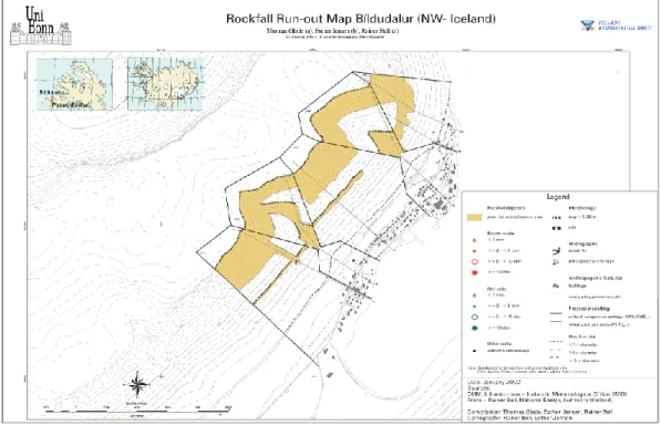 Fig. 6. Rock fall map (including calculated run-out zones) (Glade and Jensen, 2004).