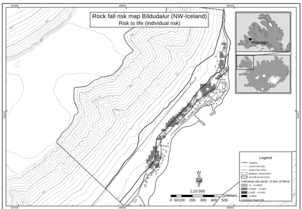 Fig. 9. Rock fall risk map – Individual risk to life.