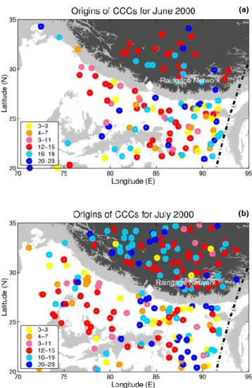 Fig. 7. Diurnal cycle of the spatial distribution of the locations of CCCs’ inception in June (a) and July (b) of 2000