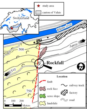 Fig. 2. The Eterpas area after the 9 January 2001, rockfall (photo J.-D. Rouiller). The 30-m-high sub-vertical rock cliff overhanging the road collapsed at 17:30, blocking the road.