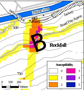 Fig. 7. Automatic detection of susceptible areas along the road join- join-ing Aproz and Fey