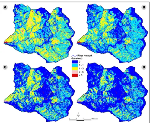 Fig. 16. Maps of heights of saturated soil cover. The values d indicate the  dif-ference in meters between the ground level and the height of groundwater level in the River Vezza basin: 0 = full saturation