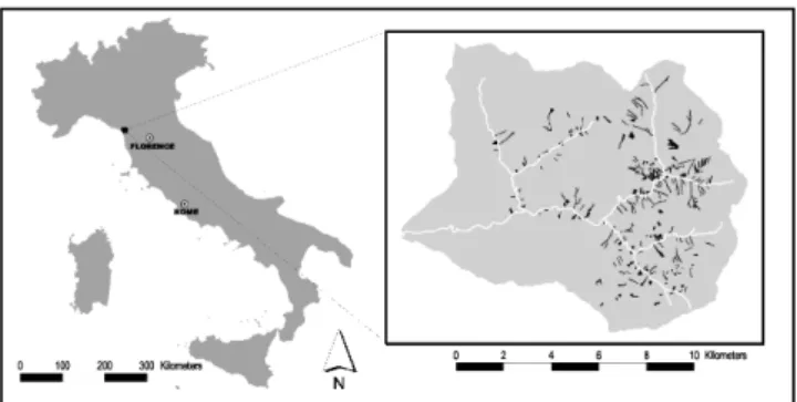 Fig. 1. Location of the River Vezza basin (NW Tuscany). Black dots refer to landslide inventored after the disaster of 19 June 1996;