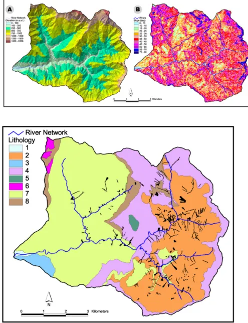 Fig. 6. Morphometric features of River Vezza basin. (a) Digital Elevation Model with cell resolution 5 m×5 m, derived from digitalisation of  topo-graphical maps of Tuscany Region at scale 1:5 000