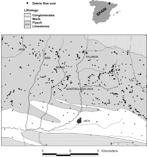 Fig. 1. Location of the study area and distribution of debris flows in the  Fly-sch Sector.