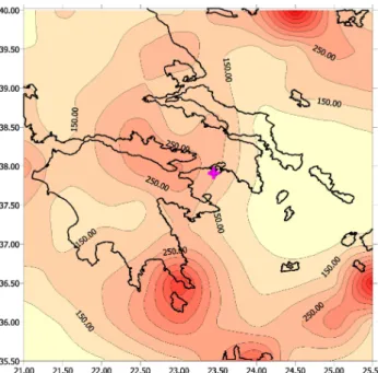 Fig. 8. Contour map of expected maximum peak ground acceler- acceler-ation (cm s −2 ) with 90% pnbe during 50 years for the Shield  re-gional working area of Revithoussa: NTP model (Data: 1900–1999, M S ≥ 5.5; see modifications to Eq
