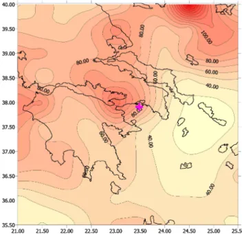Fig. 9. Contour map of expected maximum peak ground accelera- accelera-tion (cm s −2 ) with 90% pnbe during 50 years for the Shield regional working area of Revithoussa: Ambraseys model without depth  con-trol (Data: 1900–1999, M S ≥ 5.5; See Eq