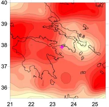 Fig. 2. The largest magnitude expected over the time period of 50 years for the Revithoussa working area.