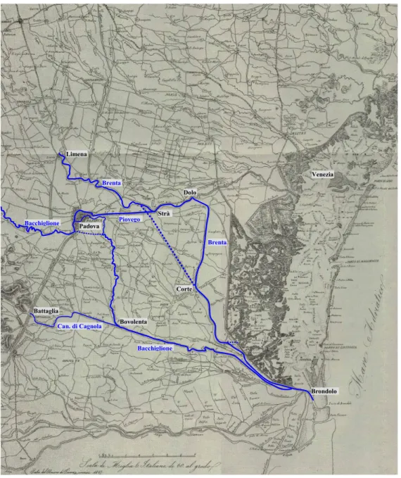 FIGURE 1: river network between Padua and the Venice Lagoon from a 1847 map. [Pietro Casetta,  2002]