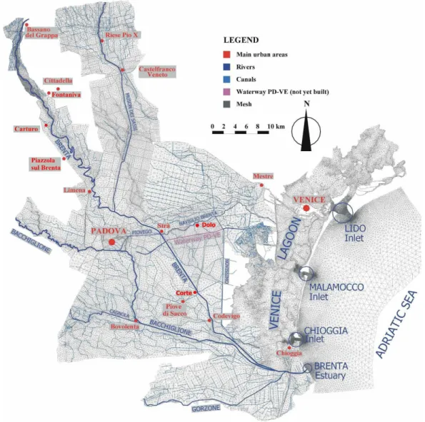 FIGURE 4: 2D-1D domain utilized in the computations. The main channel network and the cities have  been marked