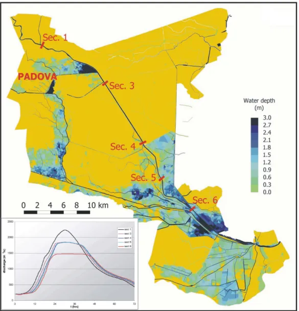FIGURE 5: Maximum calculated flooding depth caused by Brenta-Bacchiglione (1966 event in the  actual configuration)