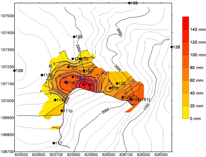 Fig. 5. Example of the tool implemented in the RandaDB using Surfer (1999) allowing the interpretation of movement homogeneity by using map of displacements during two periods of time: 1 July 1991 to 21 February 1997 and 1 July 1991 to 30 May 1994