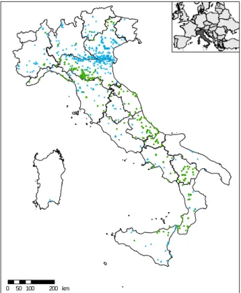 Fig. 5. GIANO module. Geographical distribution of 356 land- land-slides (green dots) and 793 inundations (blue triangles) inventoried in the GIANO database in the period from 1700 to 1899.