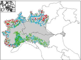 Fig. 7. ABPO module. Geographical distribution of landslides (green triangles), floods (blue dots), and snow avalanches (red dots) that have interfered with structures and the infrastructure in the Po River basin in the period from 1300 to 1995.