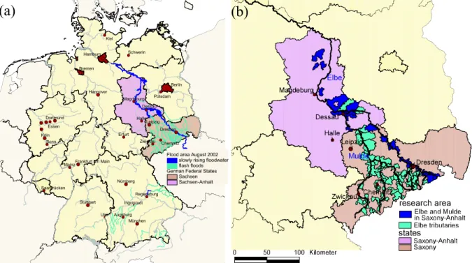 Fig. 2. (a) Overview of the 2002 flood in the federal states of Germany. (b) Structure of the research area; shown are the zip-code areas where completed interviews were undertaken.