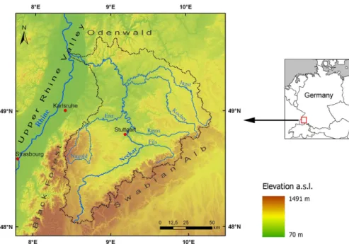 Fig. 1. Study area including the Neckar catchment (dotted black outline).