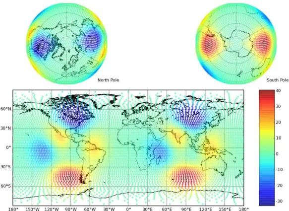 Fig. 2. (b) 1st field created by scaling and translating Gaussian functions: interpolation onto a zonal equal area partitioning of the sphere using 6500 points.