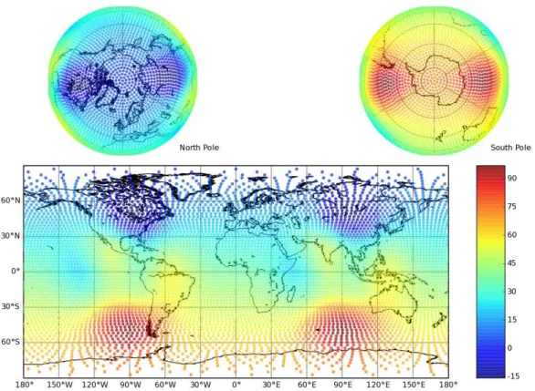Fig. 4. Artificial field produced by summing the fields shown in Figs. 2b and 3b, interpolated onto a zonal equal area partitioning of the sphere using 6500 points.