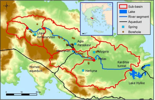 Fig. 3. The Boeoticos Kephisos river basin and the main hydrosystem components.