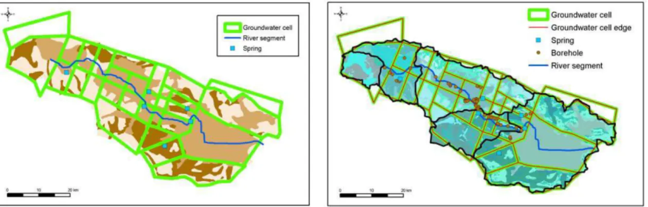 Fig. 5. Characteristic layers of geographical data for the schematisation of the groundwater system: (a) left, formulation of cells, based on permeability; (b) right, product of cells,  sub-basins, HRUs, springs and boreholes.