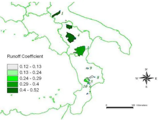 Fig. 2. Map of mean runo ff coe ffi cient “C” for the investigated basins.