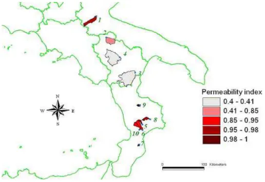 Fig. 3. Map of permeability index (ψ) for the investigated basins.