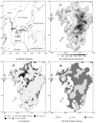 Fig. 2. (a) Computational domain configurations over Japan with a subfigure that shows the AMeDAS stations in Kyushu, (b) land surface elevation for the third computation domain based on the USGS global terrain height data, (c) land use map based on the US