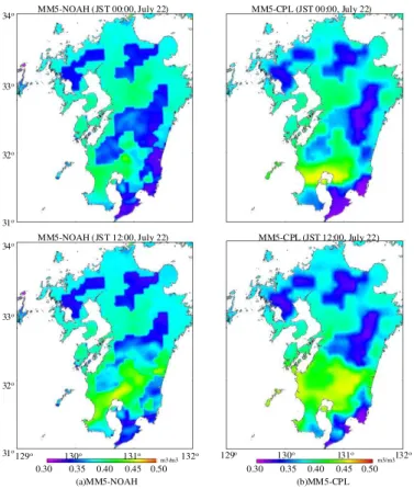 Fig. 4. Soil moisture (m 3 /m 3 ), for the di ff erent computation cases on 22 July 2006 every 12 h.