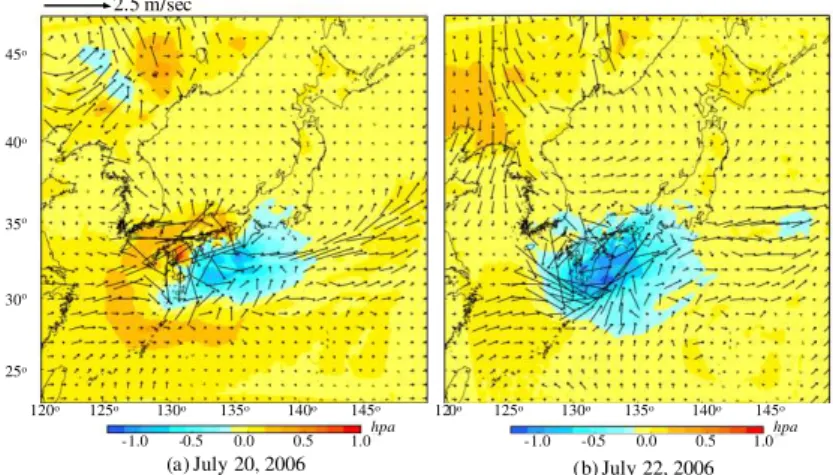 Fig. 9. CPL-NOAH di ff erences of the average daily surface wind vectors, and the average daily sea level pressure over the coarse simulation domain on 20 and 22 July.