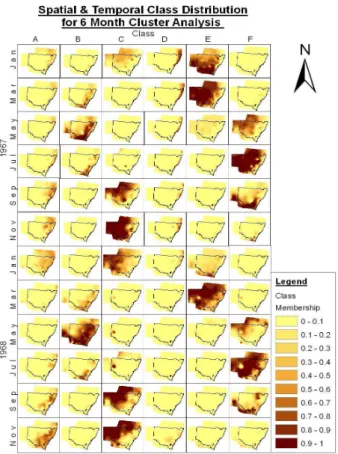 Fig. 5. Spatially interpolated class memberships for the cluster analysis using 6 classes (A, B, C...F)