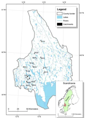 Fig. 2. Study area with 18 catchments in a 120×50 km area in the county of V ¨armland, Sweden.