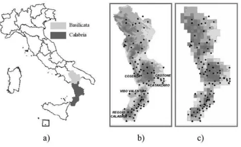 Fig. 3. (a) Location of Basilicata and Calabria regions; (b) Rainguage network; (c) Discretiza- Discretiza-tion of spatial domain.