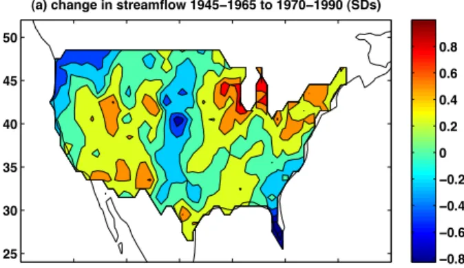 Fig. 7. (a–b) Change in average streamflow and precipitation between 1945–1965 and 1970–