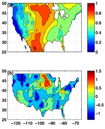 Fig. 9. (a) Summer dominance of precipitation, defined as the fraction of climatological annual precipitation that falls during warmer than average months of the year