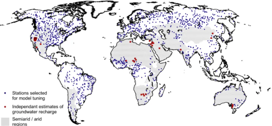 Fig. 2. Location of 1235 river discharge stations for basin-specific tuning, location of inde- inde-pendent estimates of groundwater recharge, and semi-arid and arid areas where modified groundwater recharge algorithm was applied.