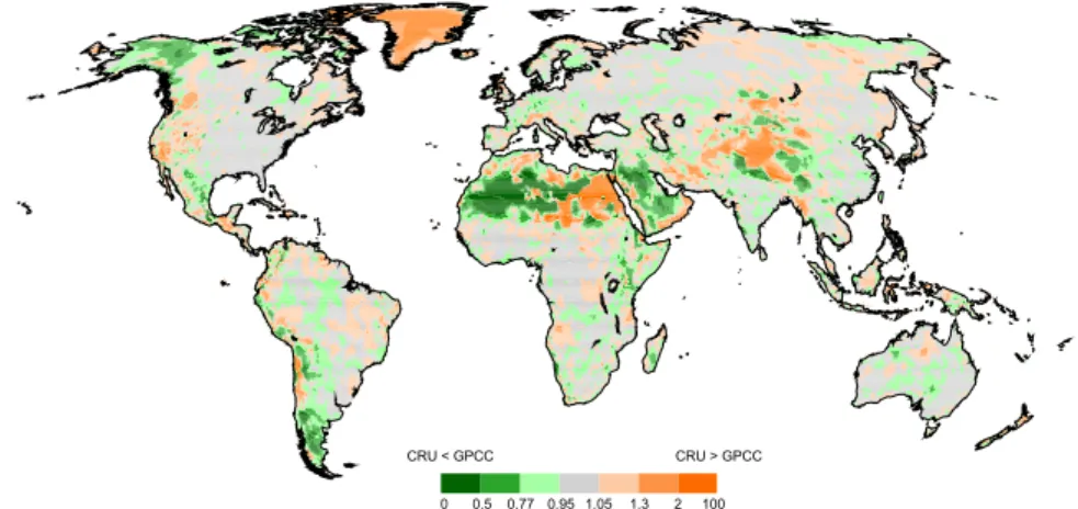 Fig. 4. Di ff erence between the two available 0.5 ◦ global data sets of time series of gridded observed precipitation: CRU 1961–1990 mean annual precipitation as a ratio of GPCC 1961–