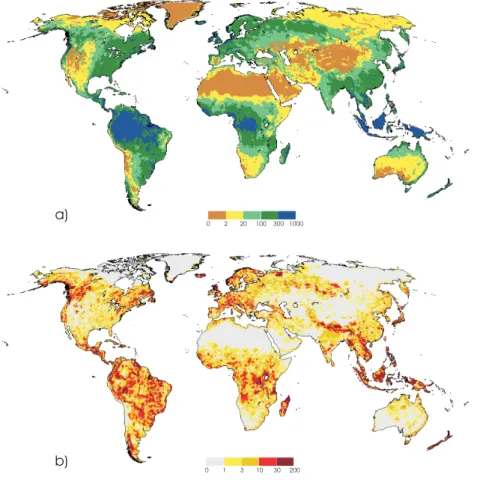 Fig. 5. Long-term average di ff use groundwater recharge for the time period 1961–1990 in mm/yr; ensemble mean of groundwater recharge as computed by two WGHM model runs with either GPCC or CRU precipitation data as input (a)