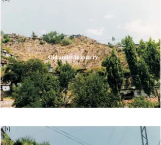 Fig. 2. (a) General view of the Timurlenk Hill and an old andesite quarry, (b) fallen blocks threatening a house, (c) rockfall on a road.