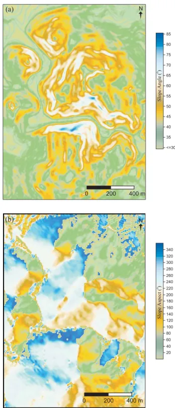Fig. 3. (a) Slope map of the study area, (b) slope aspect map of the study area.